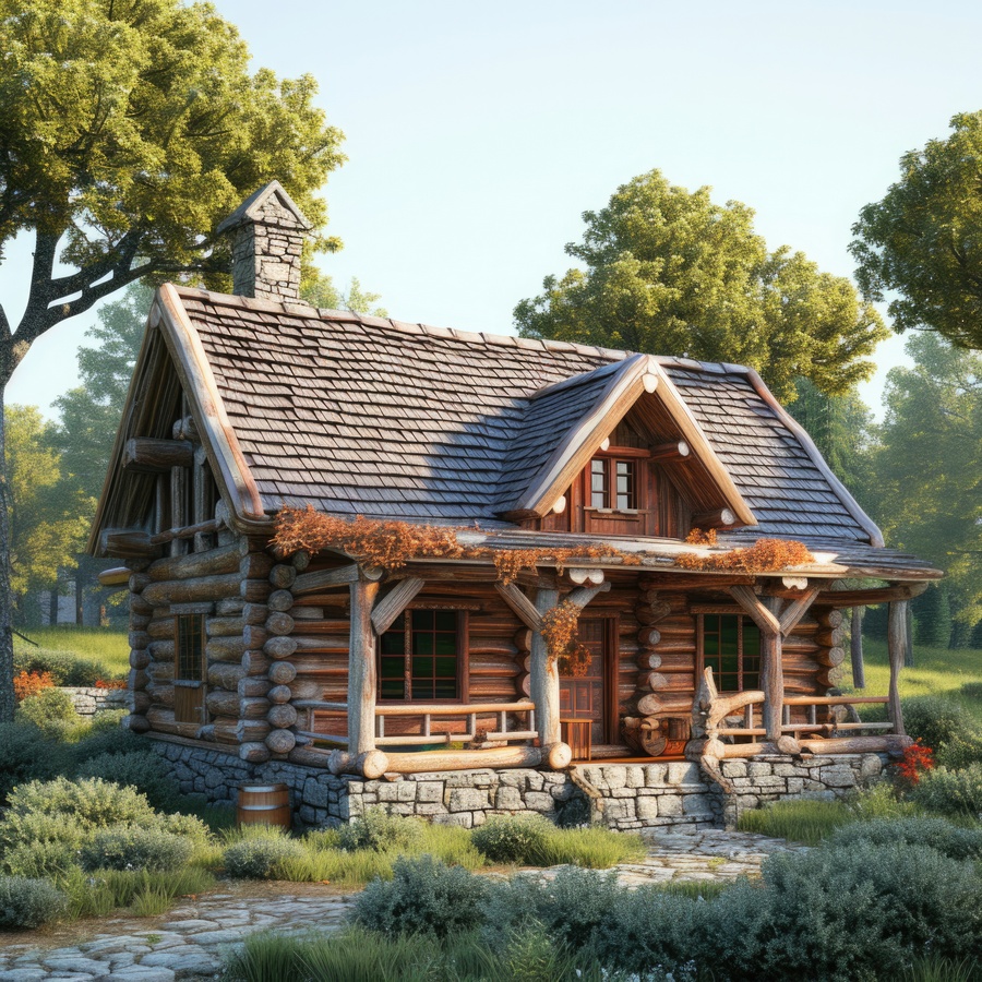 photorealistic house with wooden architecture timber structure